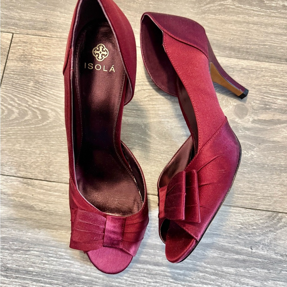 Isola Burgundy Satin Peep-Toe Heels NWOT